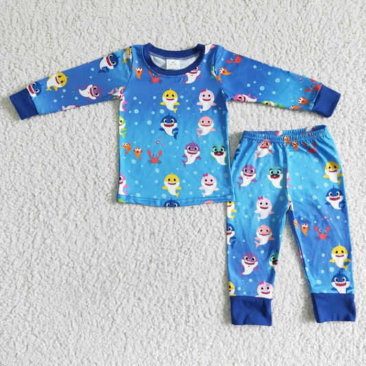 6 B11-19 Boys Shark Blue Long Sleeve Pajama Set