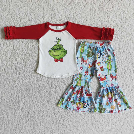 6 B4-17 Christmas Cartoon cute red pleated long-sleeve flared pants suit