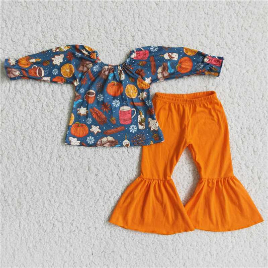 6 A2-29 Baby girls Pumpkin Coffee Top Orange Flared Pants Outfit D 908