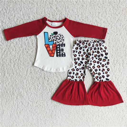 6 A4-29 Baby girls LOVE Lettering Long Sleeve Top Red Leopard Flared Pants