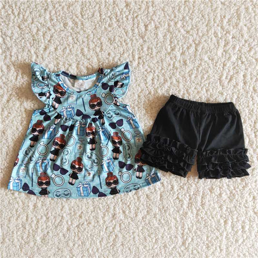 A15-16 Blue Sunglasses Girls Top Black Shorts Set