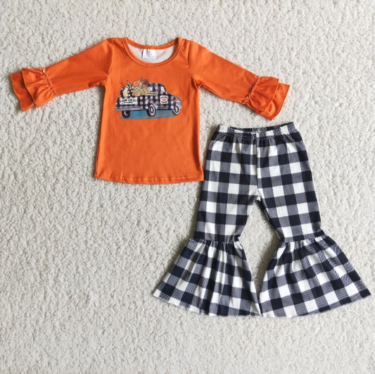 6 A8-29 Baby girls Pumpkin Car Long Sleeve Orange Top Plaid Flared Pants Set D 901