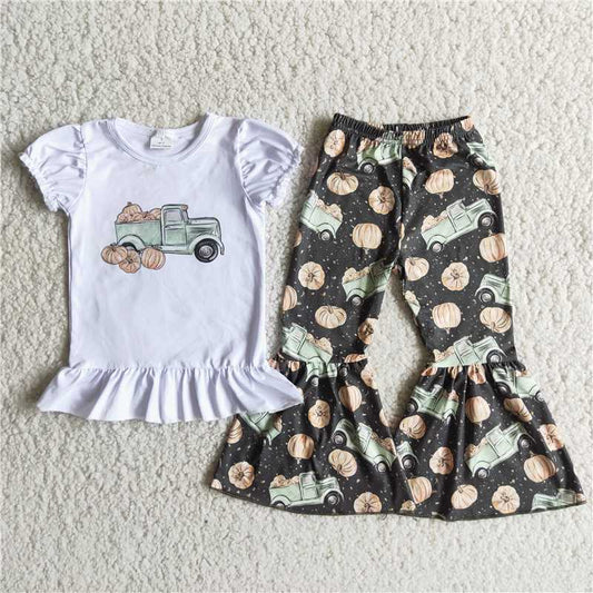 A15-10 Puff Sleeve Pumpkin Car Short Sleeve + Gray Green Trousers