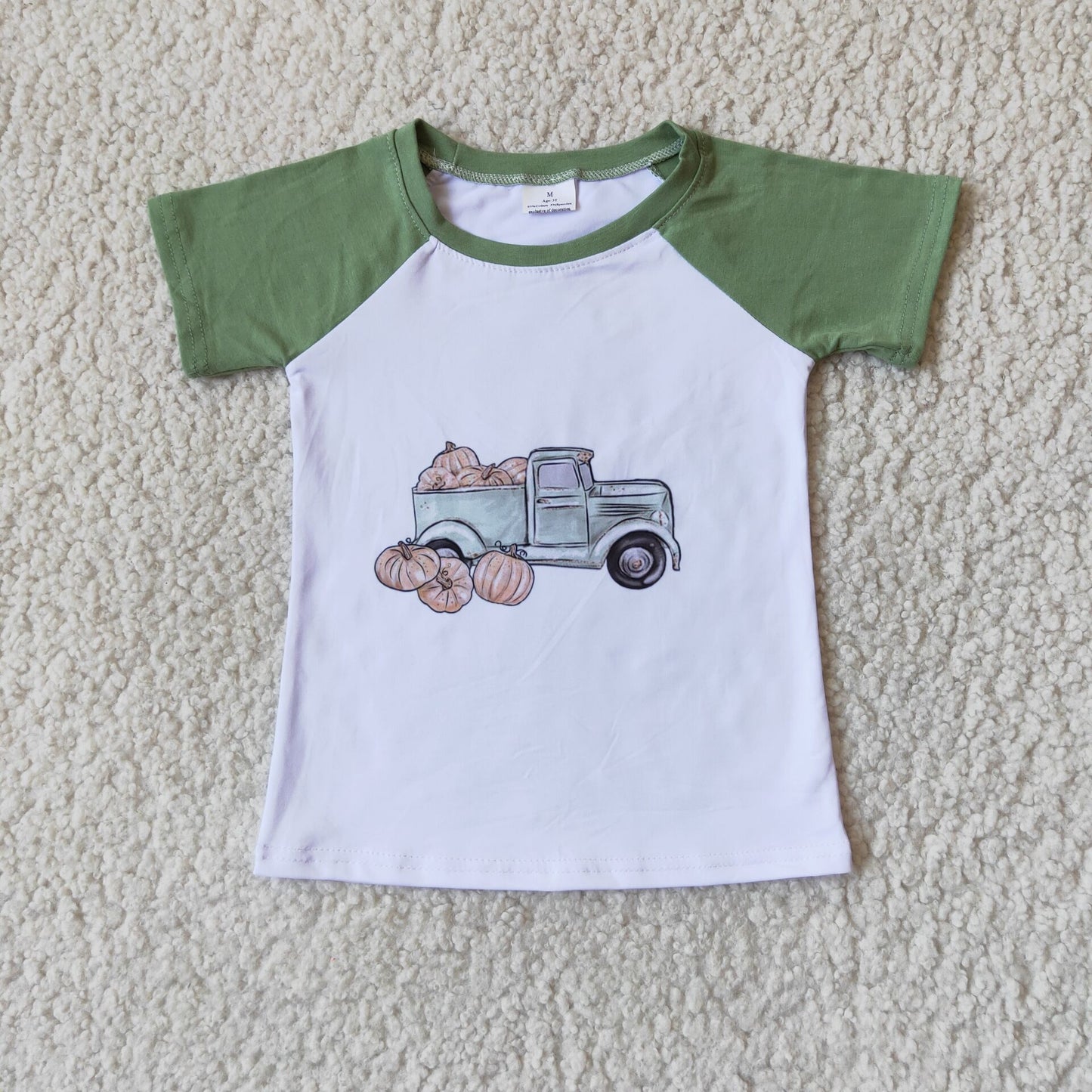 A15-13 Pumpkin Car Green Short Sleeve Top