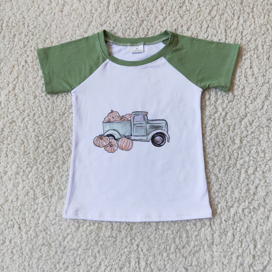 A15-13 Pumpkin Car Green Short Sleeve Top