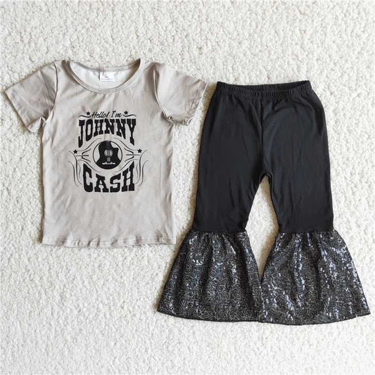 A17-14 cash black sequin bell bottom pants