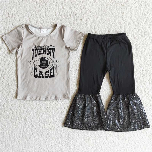 A17-14 Light Grey Short Sleeve Top Black Sequin Flare Set