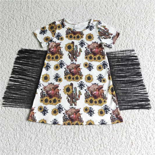 GSD0084  girl alpine cow cactus sunflower fringed short sleeve skirt