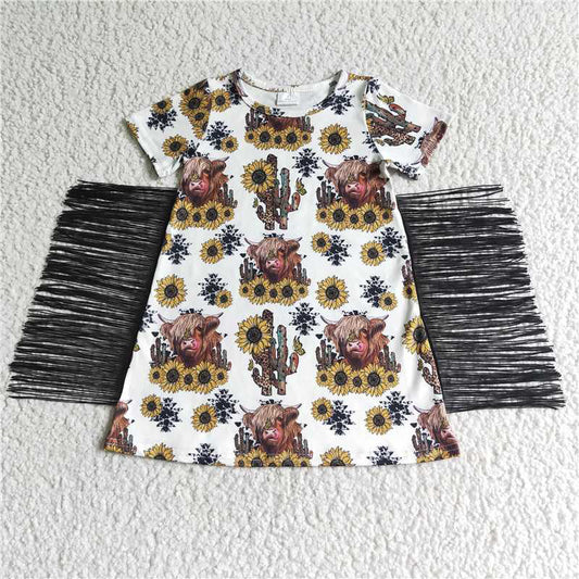 GSD0084 girl alpine cow cactus sunflower fringed short sleeve skirt
