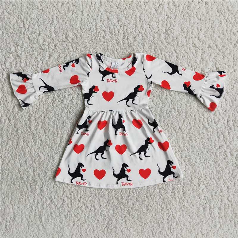 6 A23-1 Valentine's Day Red Heart Dinosaur White Long Sleeve Lace Dress