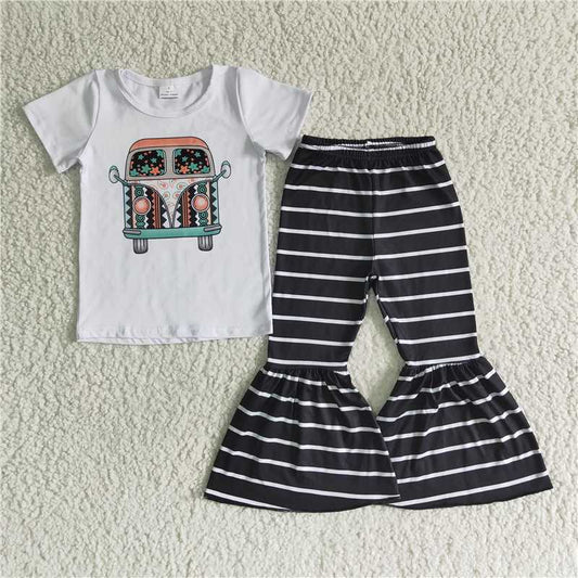 B5-9 Auto White Short Sleeve Striped Flare Pants