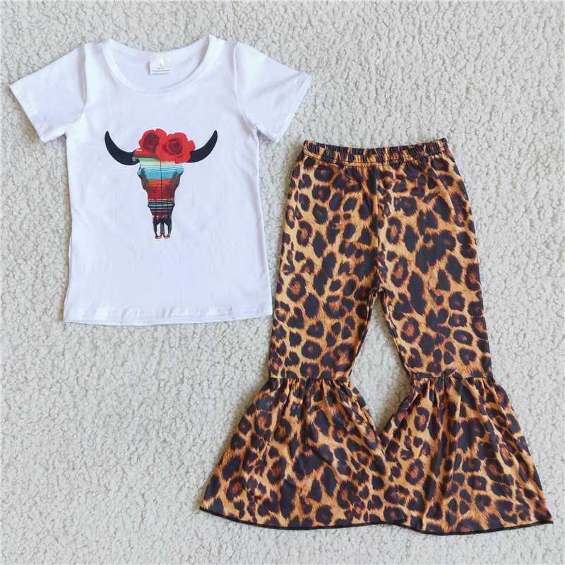 A15-14 Bull Tau Safflower White Short Sleeve Leopard Pants Set