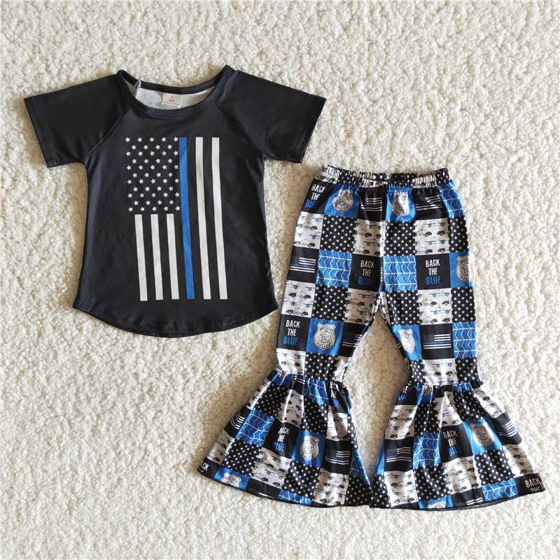 A13-4 Black Short Sleeve Check Flare Pants Set