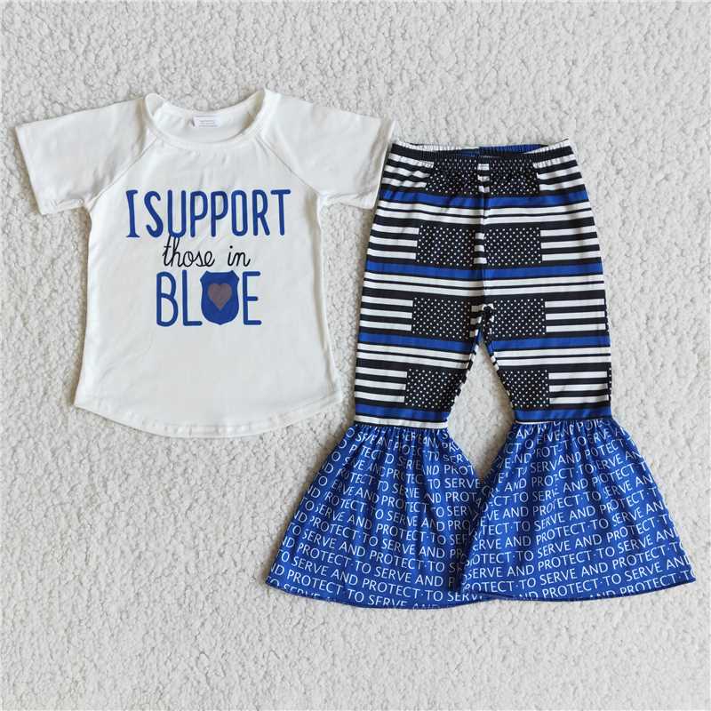 B14-23 White Short Sleeve Blue English Striped Pants