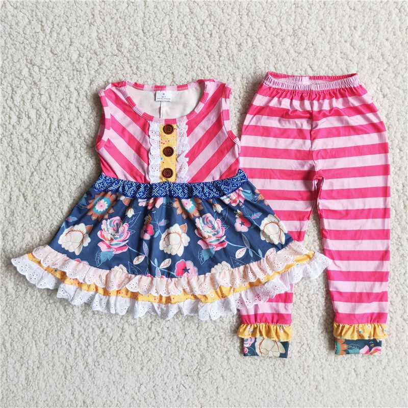 C6-14 Striped Flower Pattern Skirt and Striped Trousers Set