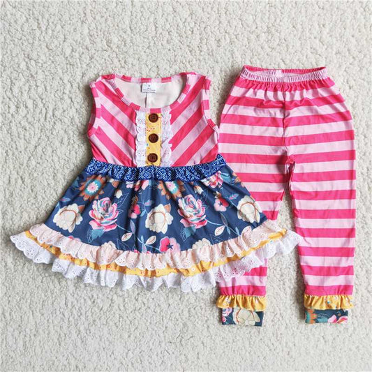 C6-14 Striped Flower Pattern Skirt and Striped Trousers Set