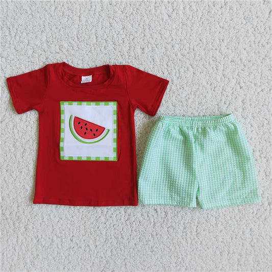 D5-11 Boys Watermelon Green Plaid Pants Set