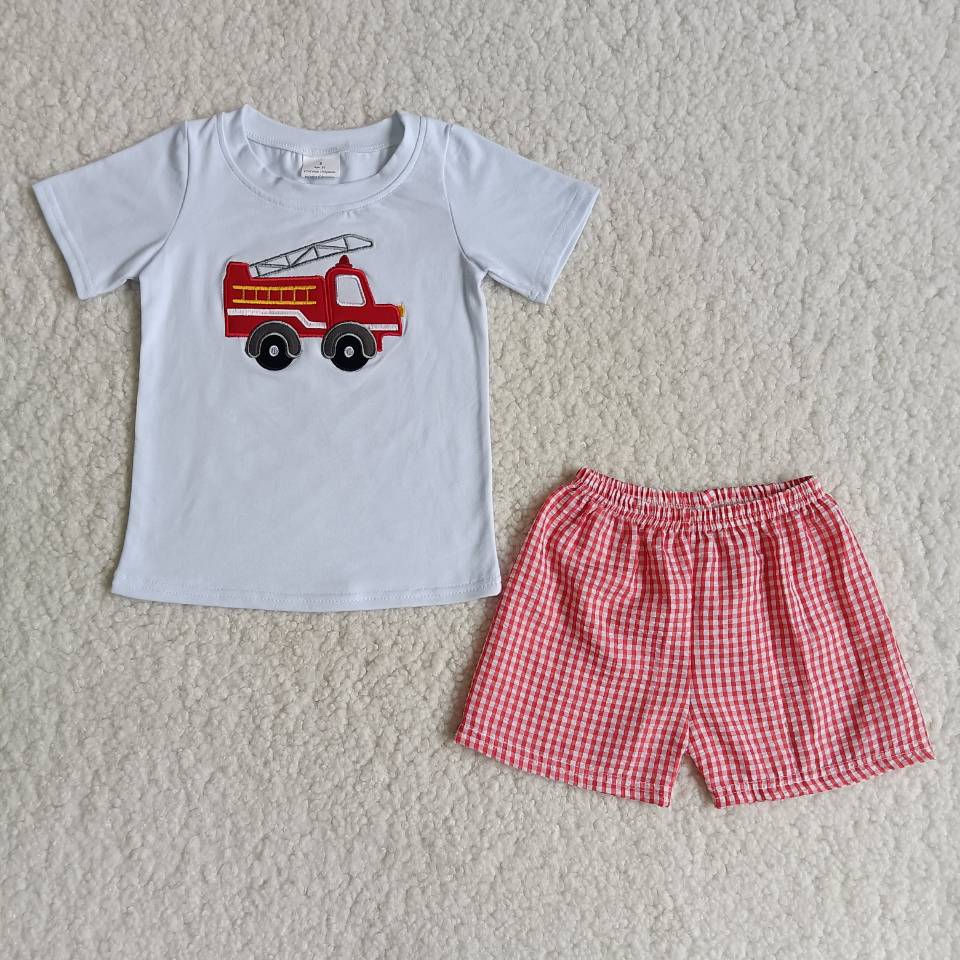 B3-13 Embroidered fire truck cotton shirt plaid pants boy
