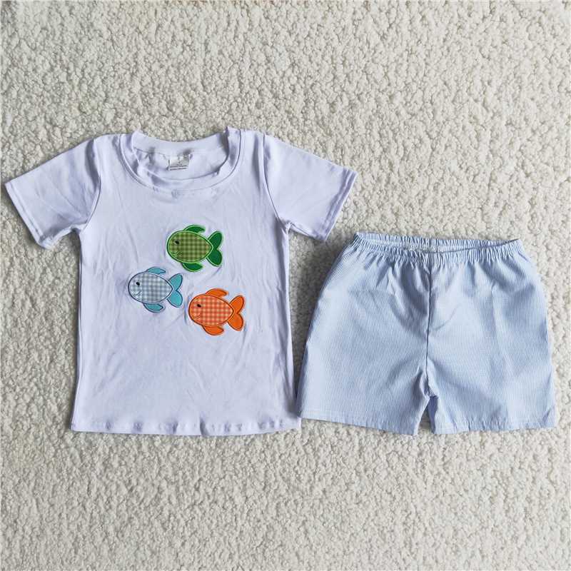 A6-14 Small fish blue plaid pants short-sleeved suit