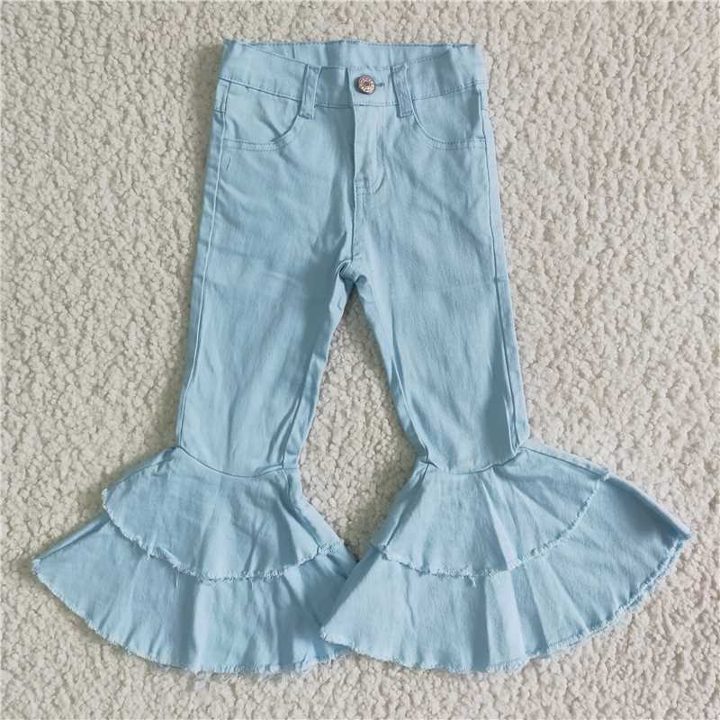 E12-30 New fashion  Double Blue Button Denim Flare Pants