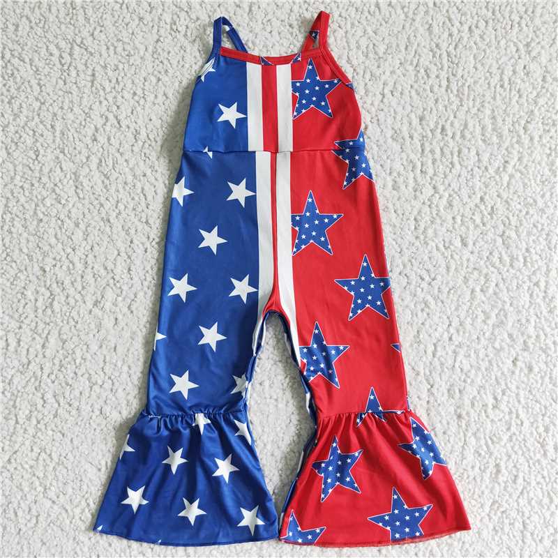SR0058 Girls' blue and red stitching National Day star suspender jumpsuit