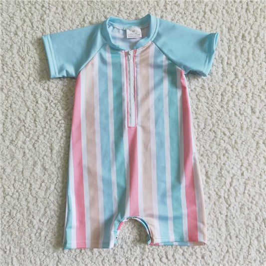 EC0007 Boys Blue Short Sleeve Colorful Striped Bodysuit