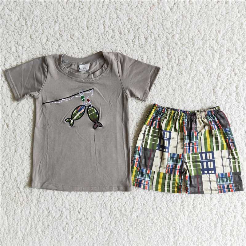 A3-12 Embroidered Fishing Rod Grey Short Sleeve Plaid Pants