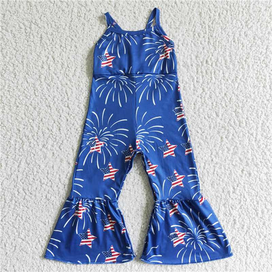 SR0055 4th of July Girls Blue Stars National Day Fireworks Sling Bodysuit