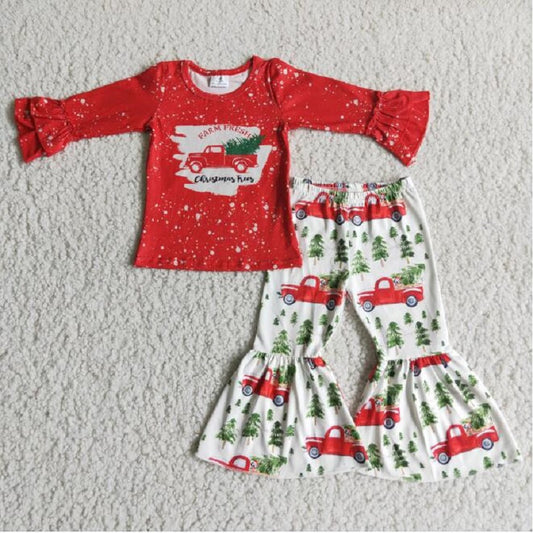 6 A17-29 Christmas Red Pickup Truck Long Sleeve Flared Pants Set