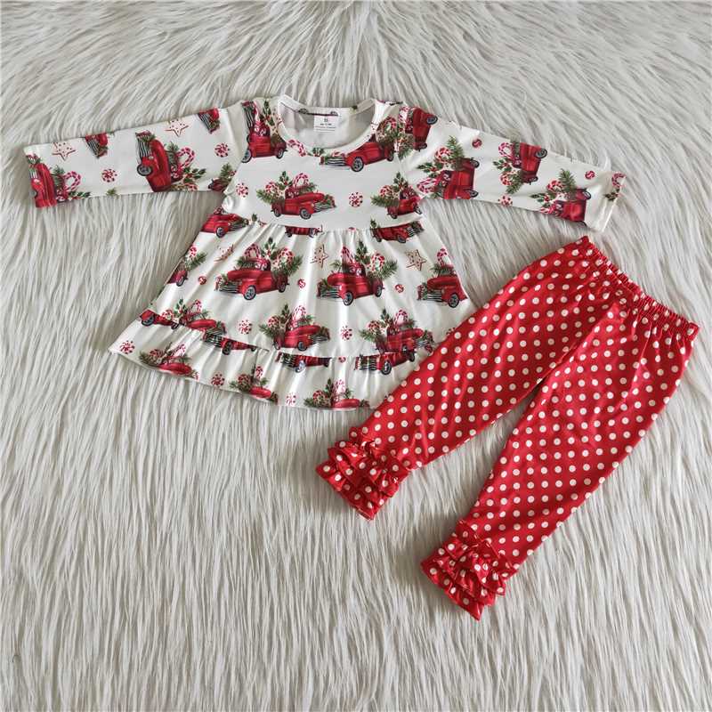 6 A23-15  Christmas Red Car Long Sleeve Polka Dot Pants Set