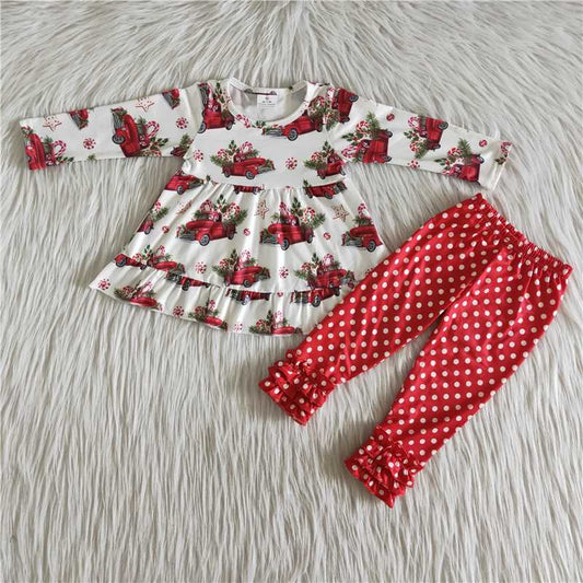 6 A23-15  Christmas Red Car Long Sleeve Polka Dot Pants Set