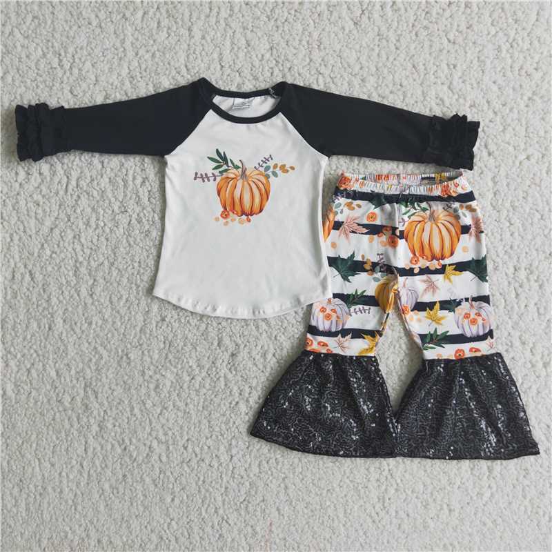 6 A20-29 Pumpkin Top Long Sleeve Black Sequin Flare Pants