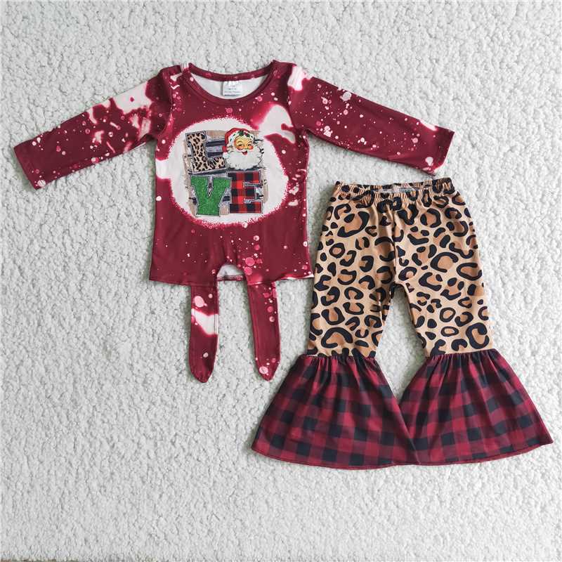 6 A1-15  Santa's Long Sleeve Leopard Plaid Trousers Set