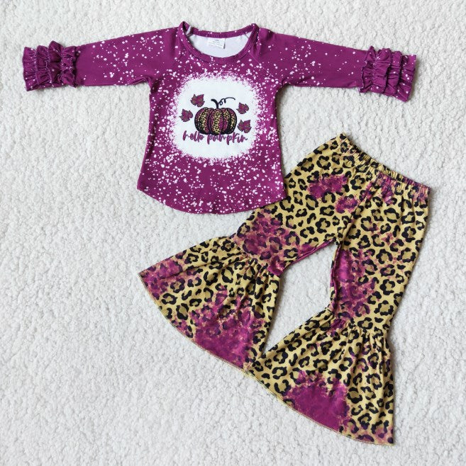 6 B8-2 Pumpkin Polka Dot Purple Long Sleeve Top Leopard Print Flared Pants