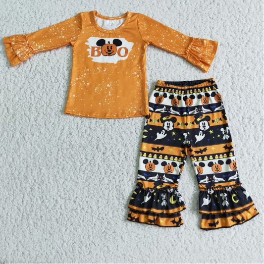 6 B8-40 Halloween Pumpkin Lace Cuff Long Sleeve Top Flared Pants