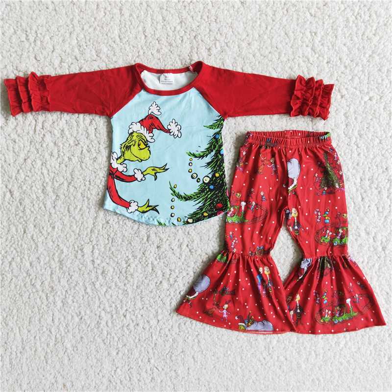 6 A17-14 Christmas Tree Red Lace Long Sleeve Pant Set
