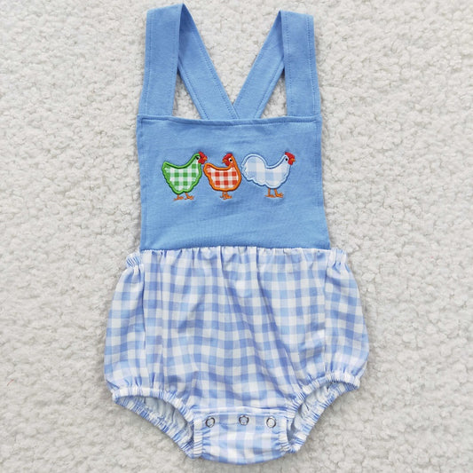 SR0286 Baby Boys Embroidered Rooster Blue Plaid Tank Top Bodysuit