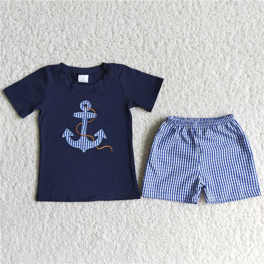 D12-17 Boat spear embroidery blue plaid seersucker shorts set