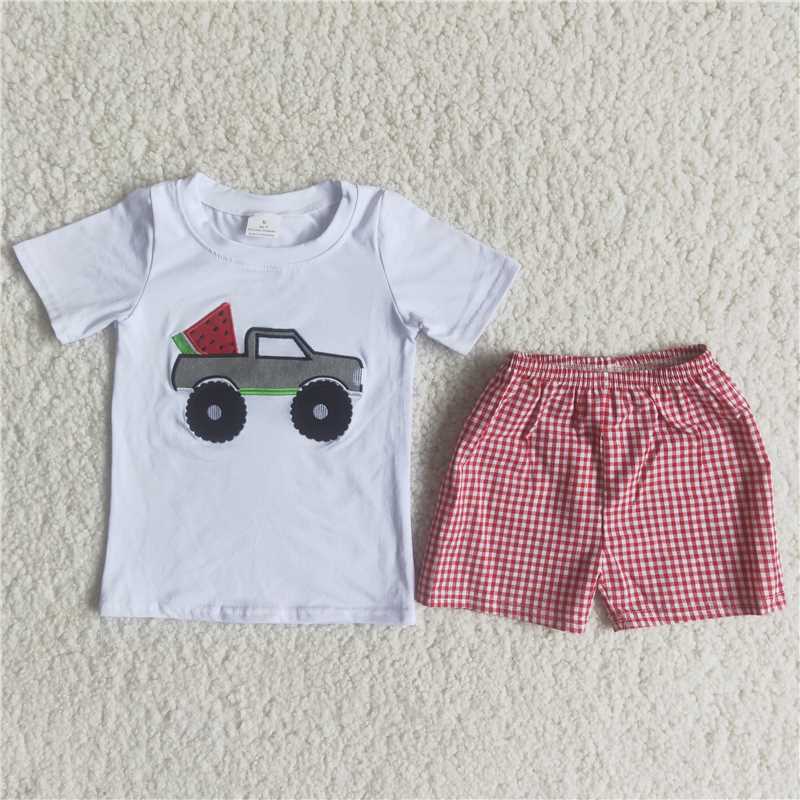 C15-3 Boys Watermelon Truck Red Check Woven Suit