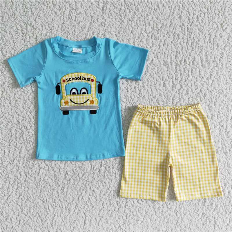 BSSO0055 Back To School Boys Blue Embroidered Car Short Sleeve Yellow Shorts Suit