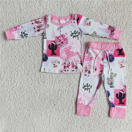 6 A17-4 Santa Hat Pink Long Sleeve Pants Pajama Set