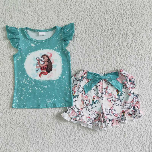 GSSO0070 girl green flying sleeve top with bow flower