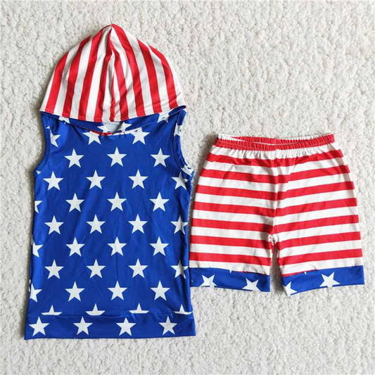 D13-30 Boys 4th of July Sleeveless Hoodie Stars Stripe Outfit