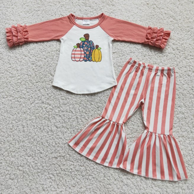 6 C6-21 Pumpkin Ruffle Cuff Long Sleeve Top Striped Flare Pants