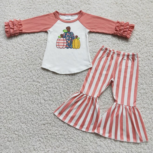 6 C6-21 Pumpkin Ruffle Cuff Long Sleeve Top Striped Flare Pants