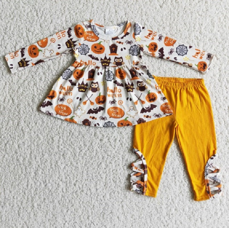 6 C7-38 Halloween Pumpkin Long Sleeve Top Yellow Trousers Set