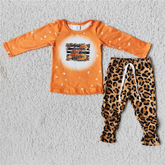6 A14-20 Orange Pumpkin Long Sleeve Top Leopard Pants Set