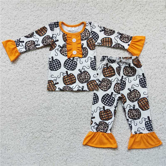 6 C10-38 Girls Pumpkin Pajama Long Sleeve Pants Set