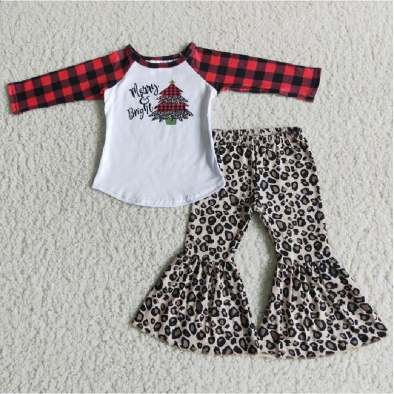 6 A25-13 One Christmas tree red check leopard print flared pants suit