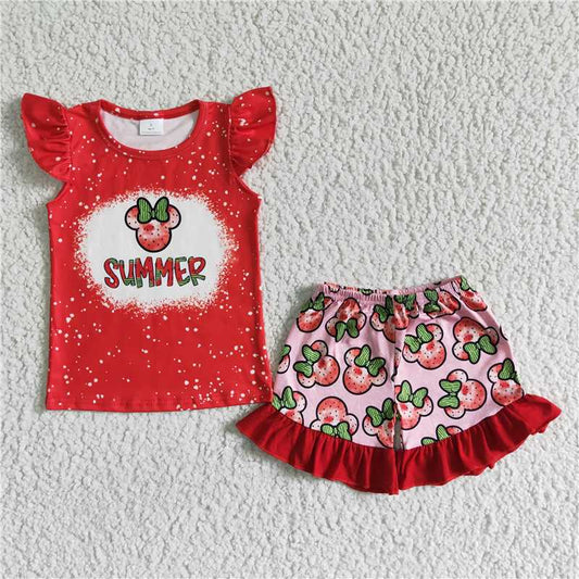 GSSO0071 Girls Red Strawberry Fly Sleeve Top Lace Shorts Suit